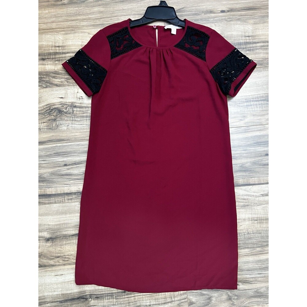 Michael Kors Women’s Lace Trim Short Sleeve Shift Dress Burgundy Black Sz Small